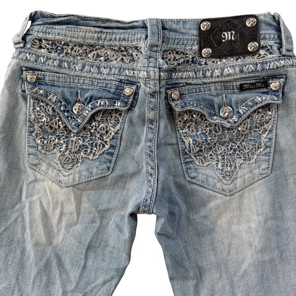 Miss Me Women’s Silver Sequin Lace Flap Pocket Bootcut Jeans Light Blue Size 28 - Picture 2 of 12